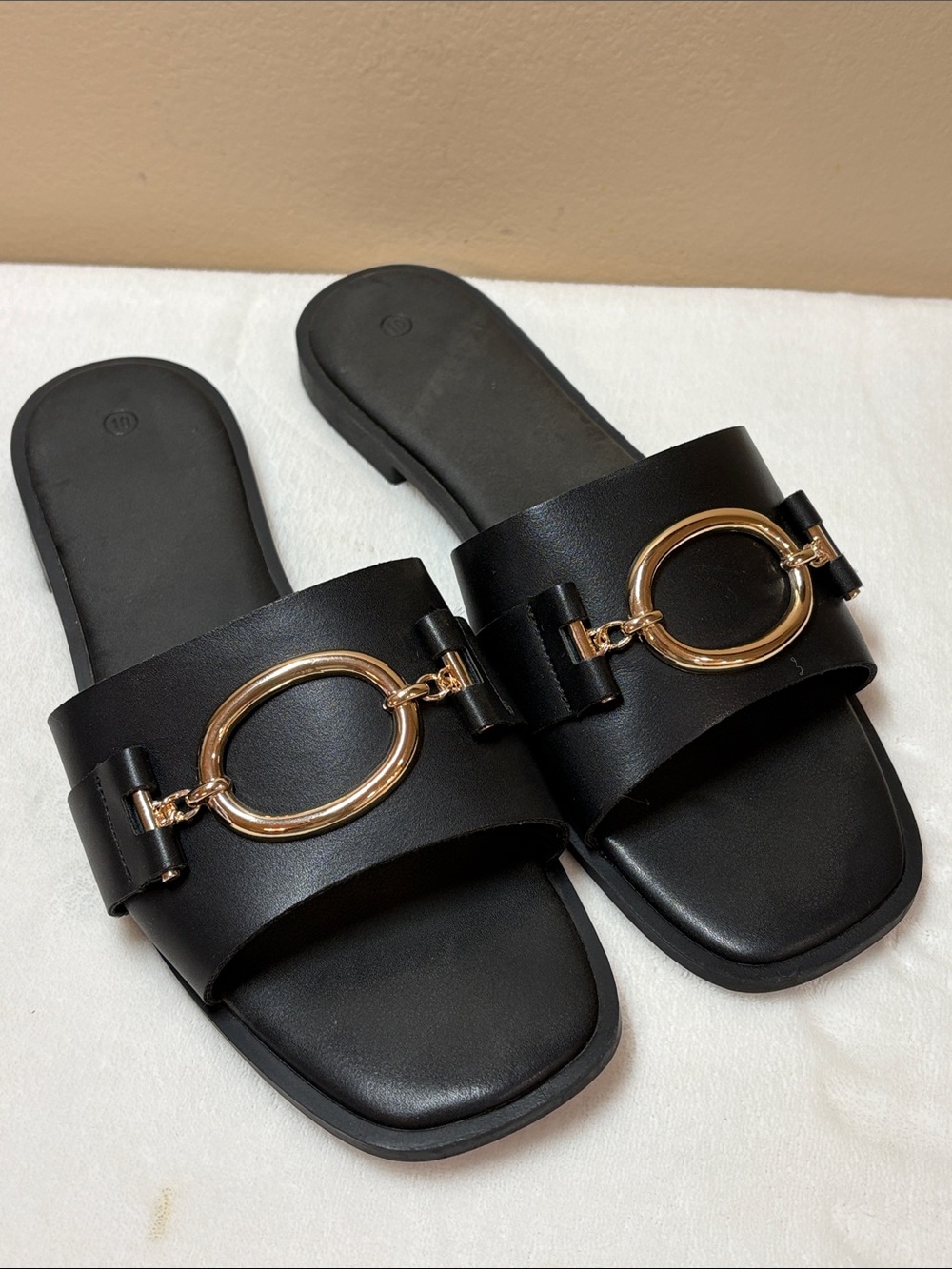 ZBY Women's Black Slide Sandals with Gold Oval Hardware